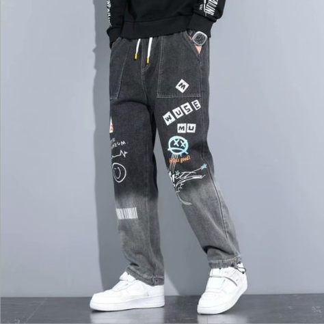 New Design Jeans, Light Wash Jeans Outfit, Drawstring Pants Men, Wash Jeans Outfit, Neutral Jeans, Hip Hop Cargo Pants, Party Jeans, Mens Casual Jeans, Cartoon Graffiti