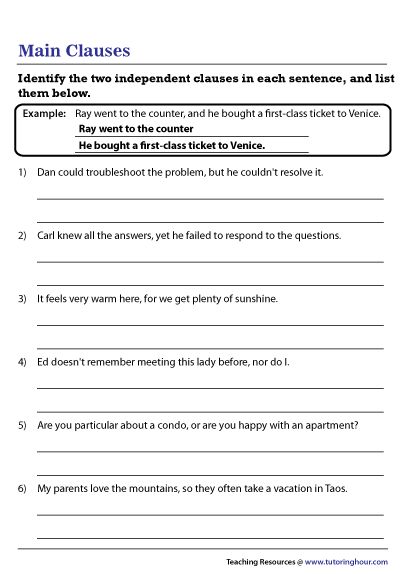 Independent Clauses Worksheet Phrases And Clauses Worksheet, Types Of Clauses, Clauses Worksheet, Phrases And Clauses, Infinitive Phrases, Participial Phrases, Skeletal System Worksheet, 6th Grade English, English Collocations