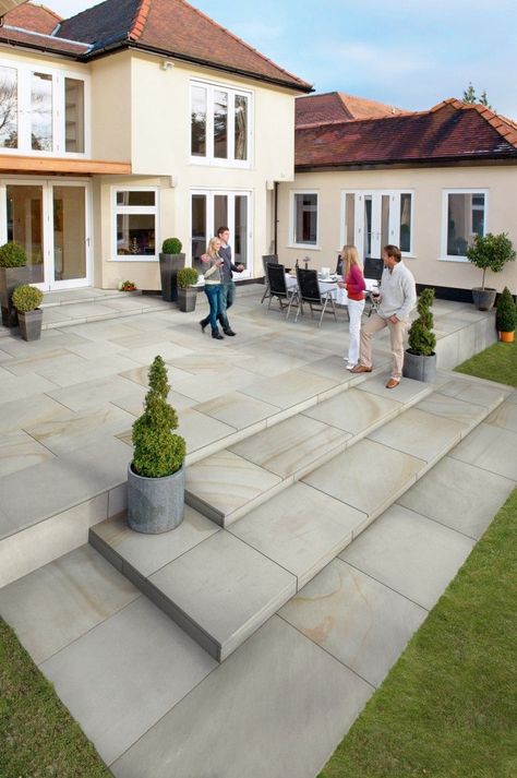 Natural Stone Patio, Raised Patio, Concrete Patios, Patio Steps, Patio Slabs, Stone Patio, Back Garden Design, Garden Paving, Garden Steps