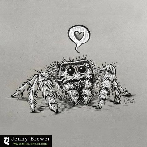 #spider for #inktober52 . I am not a spider fan at all so drew the cutest one I could think of, a little zebra jumping spider.… Spider How To Draw, Cute Jumping Spider Tattoo, Jumping Spider Drawing, Spider Drawing Sketches, Jumping Spider Tattoo, Tarantula Drawing, Cute Jumping Spider, Inktober Ideas, Cartoon Spider