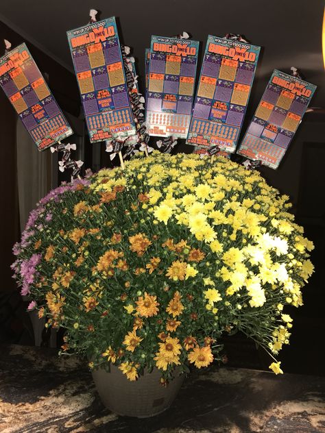 Fall Lottery Ticket Basket, Lottery Ticket Basket, Lottery Tree, Auction Gift Basket Ideas, Tootsie Rolls, Wooden Skewers, Raffle Basket, Fall Mums, Raffle Baskets