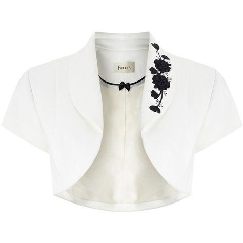 Precis Petite Applique Bolero Jacket, White/Black ($51) ❤ liked on Polyvore featuring outerwear, jackets, bolero, petite, short sleeve bolero jacket, cropped jacket, short-sleeve jackets, cropped bolero jacket and shiny jacket Fashion Blazer Outfits, Jackets Cropped, Bolero Black, Short Sleeve Bolero, White Jackets, Sleeve Bolero, Jacket Collar, Shiny Jacket, Black And White Jacket