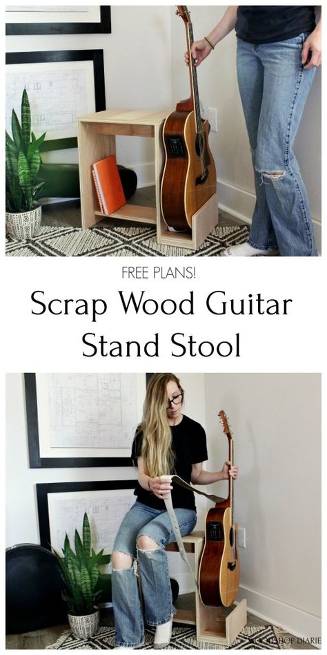 Scrap Wood Guitar Stand and Stool Guitar Chair Music Rooms, Homemade Guitar Stand, Guitar Stands Diy Ideas, Diy Music Stand, Guitar Storage Ideas, Music Book Storage, Guitar Stand Ideas, Diy Guitar Stand, Guitar Chair