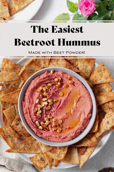 Beet Hummus - this vegan pink hummus is ready to eat in just 10 mins! No need to cook any beets, it's made with beetroot powder! So simple and incredibly easy to make. This hummus dip makes the perfect appetizer served with crackers or a great healthy snack with chopped veggies dipped into it. Find this hummus and more dip recipes on the blog! #beethummus #beetrootpowder #beetpowder Pink Hummus, Beet Powder, Chopped Veggies, Beetroot Recipes, Homemade Appetizer, Hummus Dip, Fresh Beets, Beet Root, Beet Hummus