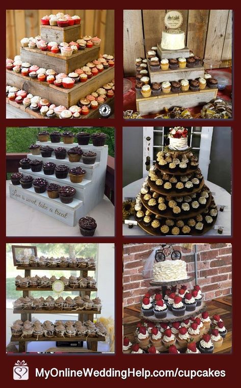 Cupcake Tree Wedding, Cupcake Stand For Wedding, Cupcake Displays Diy, Cupcake Display For Wedding, Cupcake Tower Wedding Rustic, Rustic Cupcake Stands For Weddings, Displaying Cupcakes At Wedding, Cupcake Display At Wedding, Wedding Cupcake Stands Display