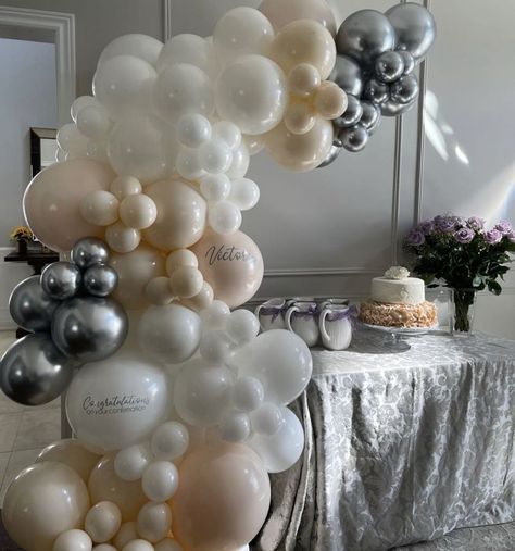 You can add this demi arch to any gift, receiving, or dessert tables! This set-up is personalized with vinyl writing and matching colours! #confimationballoons #balloongraland #balloonarch #nudeballoons #silverballoons #personalizedballoons #gtablloons #vaughanballoons Event Balloons, Matching Colours, Personalized Balloons, Dessert Tables, Balloon Arch, Set Up, Dessert Table, Color Matching, Arch