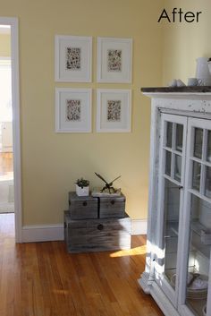 Love the botanical prints as well as the buttercup colored walls Pale Yellow Bedroom Walls, Pale Yellow Living Room, Yellow Craft Room, Kitchens Colors, Cute Dining Room, Yellow Rooms, Yellow Walls Living Room, Gold Painted Walls, Yellow Painted Walls