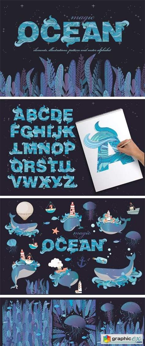 Sea Font Alphabet, Sea Typography, Ocean Font, Ocean Alphabet, Magic Ocean, Name Design Art, Decorative Alphabet, Marine Design, Underwater Wallpaper