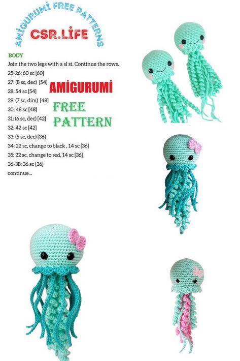 Amigurumi Jellyfish, Crochet Sea Creatures, Octopus Crochet Pattern, Crocheted Jellyfish, Crocheting Ideas, Crochet Octopus, Crochet Animals Free Patterns, Fish Pattern, Crochet Amigurumi Free