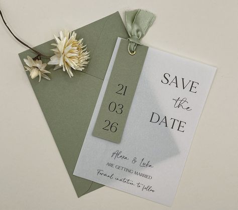 ✓ Save The Date Card     ✓ Frayed Ribbon    ✓ Greenery Style Announce your wedding with minimalist save-the-date cards! Gorgeous party stationery, perfect for your next event. Greenery, boho and simplistic styles are the hottest trends currently. Since they have a simplistic style, they will blend in with any party theme, color scheme, and style. The Save the date cards are part of our wedding stationery collection. However, you may use them for any other events, might that be an engagement part Sage Green Save The Date, Save The Date Minimalist, Green Save The Date, Wedding Invitation Simple, Rustic Save The Date, Green Invitations, Minimalist Wedding Invitation, Rustic Save The Dates, Save The Date Karten