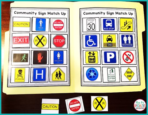 Teaching About Community Signs | Mrs. P's Specialties! Job Skills Special Education, Environmental Signs, Creative Curriculum Preschool, Curriculum Preschool, Wordless Book, Environmental Print, Teacher Board, Read Sign, Preschool Planning