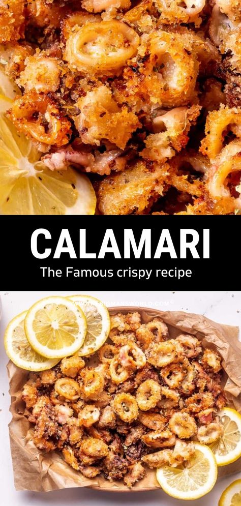 This crispy and crunchy calamari recipe features fresh squid lightly breaded with panko, then baked until every piece is crispy and golden. Serve with lemon wedges and dipping sauce, and dig in! Baked Calamari Recipes, Whitebait Fritters, Baked Calamari, Panko Recipes, Deep Fried Calamari, Crispy Calamari, Calamari Recipe, Fish Dinners, Calamari Recipes