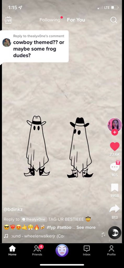 matching ghost cowboy tattoos Ghost In A Cowboy Hat Tattoo, Matching Ghosts Tattoos, Cowboy Frog Tattoo Matching, Best Friend Tattoos Cowboy, Western Ghost Tattoo, Cowboy Matching Tattoos, Matching Ghost Tattoos For Couples, Matching Ghost Tattoos For Best Friends, Matching Western Best Friend Tattoos