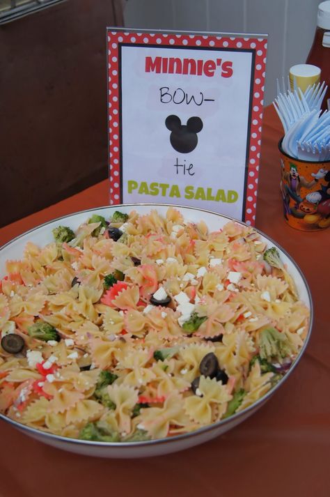 Minnie Bow Tie Pasta Salad, Minnie Bow Toons Party, Minnie’s Bowtique Birthday Party, Bow Pasta Salad, Minnie Mouse Themed Food, Minnie Bowtique Party, Minnie Mouse Pasta, Minnie Mouse Party Food, Bow Pasta