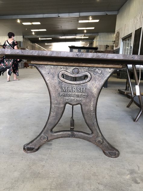 Cast iron machine base for table Live Edge Kitchen Table, Cast Iron Table Legs, Materials Board, Cast Iron Table, Iron Table Legs, Wine Barrel Furniture, Pub Sheds, Iron Machine, Coastal Dining