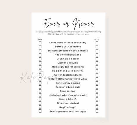 Excited to share the latest addition to my #etsy shop: Never Have I Ever, Ever or Never Bridal Shower Game, Wedding Shower games https://etsy.me/416uXX3 #bridalshowergames #bridalshower #weddingshowergames #fallbridalshower #bridalshowerideas #newlywedgame #questionsfo