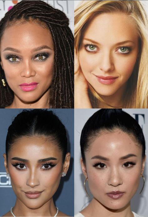 tyra banks, amanda seyfried, shay mitchell, and constance wu all have dramatic and gamine in their style type Dramatic Ethereal Essence, Flamboyant Natural Makeup, Ethereal Face, Ethereal Dramatic, Dramatic Gamine, Toned Autumn, Style Essence, Ethereal Essence, Autumn Soft