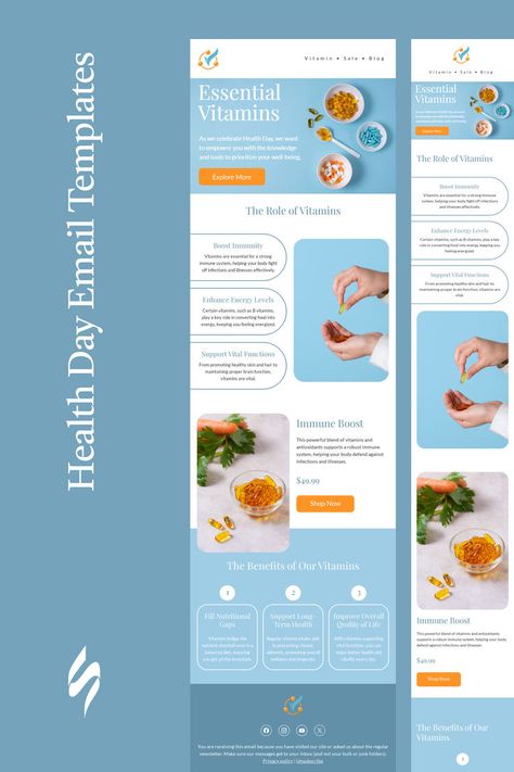 World Health Day email template "The role of vitamins" for health and wellness industry. Create eye-catching templates that leave a lasting impact.🌠🌟 Follow us on Pinterest for design and marketing hacks! 📈💌 #healthday #stripoemail #emailtips #emailnewsletter #emailtemplate #emaildesign #emailmarketing #emaildesignlayout Edm Template Email Marketing Design, Infographic Email Design, Educational Email Design, Medical Email Design, Marketing Newsletter Design, Edm Design Layout Email Marketing, Sms Marketing Design, Mail Newsletter Design, Health Newsletter Design