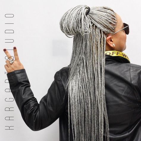 Silver Grey Braids Black Women, Silver Braids For Black Women, Silver Hair Braids, Grey Braids, Grey Box Braids, Braids Hairstyles Ideas, Grey Hair Braids, Micro Braids Hairstyles, Silver White Hair