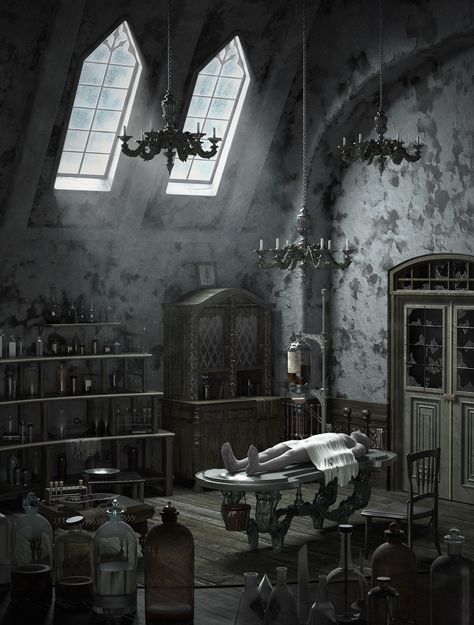 Game Interior Design, Horror Interior, Fantasy Medical Room, Horror Setting, Medical Horror, Evil Lab Aesthetic, Medical Horror Aesthetic, Medieval Hospital Concept Art, Steampunk Hospital