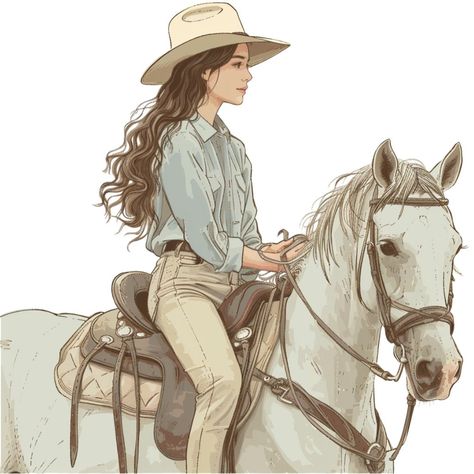 Ride Horse Drawing, Cowboy And Horse Drawing, Cowgirl Character Design, Person Riding A Horse, Horse Riding Art, Woman On A Horse, 3d Beach Art, Horse Digital Art, Ride Drawing