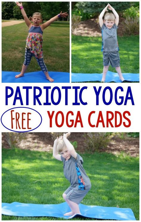 Patriotic themed yoga/movement ideas!  I love that you can get FREE yoga cards as well!  They would be perfect for Memorial Day, Labor Day, Fourth of July and more! Labor Day Crafts, Celebration Activities, Yoga Pose Ideas, Yoga Humor, Memorial Day Activities, Fourth Of July Crafts For Kids, Yoga Cards, Yoga Movement, Summer Preschool