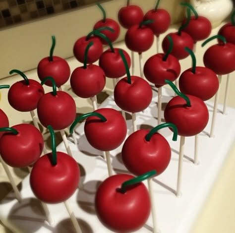 Cherry cake pops Cherry Cake Pops, Cherry Baby Shower Theme, Cherry On Top Baby Shower Theme, Top Baby Shower Themes, Matcha Shop, Cherry Birthday, Cherry Party, Cherry Theme, Sweet Baby Shower Ideas