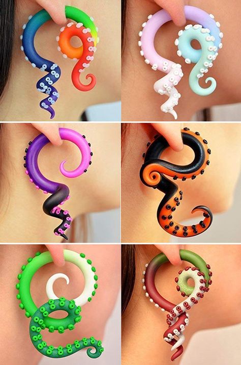 Tentacle Earrings! #tentacle #tentacles #octopus #merch #merchandise #earrings #earring Cercei Din Lut Polimeric, Cadeau St Valentin, Fake Gauge Earrings, Gauge Earrings, Manhattan Project, Walmart Jewelry, Polymer Clay Jewelry Diy, Cute Polymer Clay, Kawaii Accessories