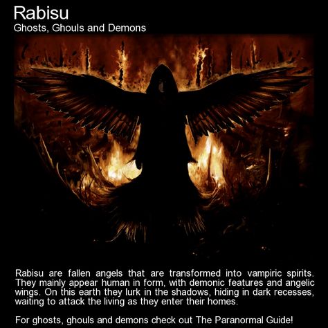 Rabisu. Fallen angels that are transformed into vampiric spirits, and mainly appear human in form, with demonic features and angelic wings. http://www.theparanormalguide.com/blog/rabisu Ghost Ghouls, Angelic Wings, Paranormal Stories, Myths & Monsters, World Mythology, Creepy Facts, Strange History, Legends And Myths, The Boogeyman