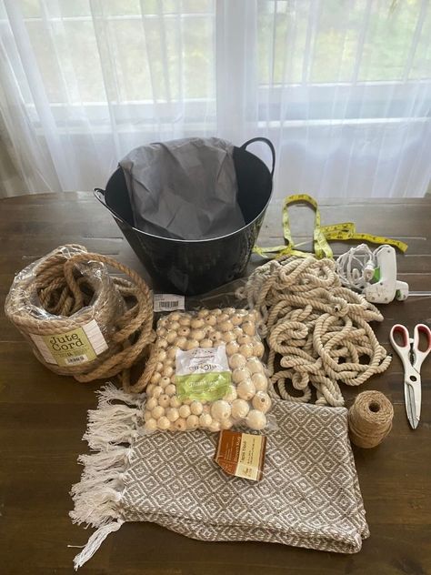 Diy Large Basket, Diy Dollar Tree Basket Ideas, Diy Basket With Lid, Dollar Tree Basket Makeover, Boho Gift Basket Ideas, Making Baskets Diy, Diy Blanket Basket, Diy Plant Basket, Boho Gifts For Her