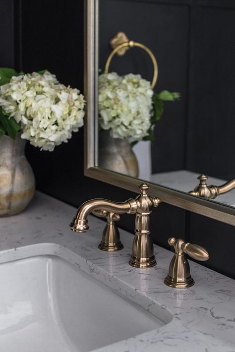 Luxurious Guest Bathroom, Bathroom Faucet Ideas, Anthropologie Towels, Wood Look Tile Bathroom, Delta Champagne Bronze, Heights House, Jenna Sue Design, Jenna Sue, Wood Look Tile