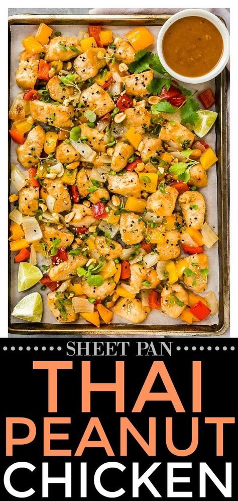 Sheet Pan Thai Peanut Chicken with Onions & Peppers | Quick, easy and delicious!  With an Asian peanut sauce that doubles as a marinade and a dipping sauce for serving, this flavorful tray bake dinner is guaranteed to be a weeknight dinner winner!  #sheetpan #onepan #traybake #Thai #peanut #chicken #easy #dinner #recipe via @nospoonn Tray Bake Dinner, Chicken With Onions, Asian Peanut Sauce, Bake Dinner, Thai Peanut Chicken, Sheet Pan Dinners Chicken, Sheet Pan Suppers, Sheet Pan Dinners Recipes, Quick Healthy Dinner