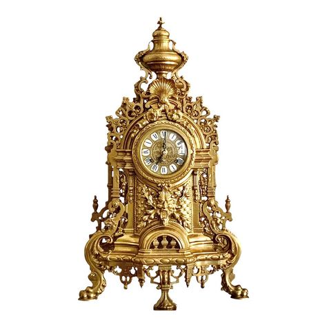 This luxurious vintage mantle clock brings a touch of elegance to any living room, lounge, or hallway. Made in Italy of heavy brass . This clock features Roman numerals, a beautiful gold color, and a Baroque/Rococo style that adds a touch of novelty to any space.  Chairish sells clocks only with display as the intended use. The mechanical elements are not guaranteed to be in working order by Chairish. Old Clocks Vintage, Vintage Mantle Clocks, Vintage Mantel Clock, Vintage Mantle, Rococo Interior, Big Clock, Random Products, Luxury Bedroom Furniture, Gold Clock