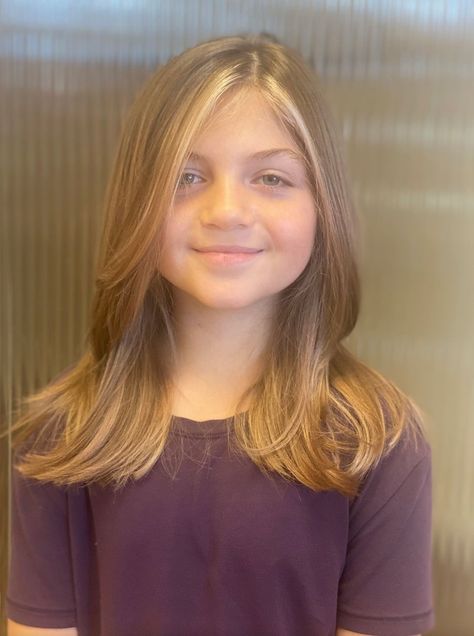 Face framing highlights for this little princess, created by Stylist Mireya. Reserve today: 239.458.2704 or Book Online Layered Hair For Girls Kids, Kids Face Frame Haircut, Haircuts For Kids Girls Medium Length, Girls Long Haircut Kids Layers, Girls Haircut Styles, Curtain Bangs For Kids, Girls Medium Haircut Kids, Kids Layered Haircut, Kids Curtain Bangs