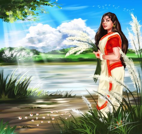 Durga Puja Scenery Drawing, Durga Painting Artworks, Acrylic Scenery, Digital Painting In Photoshop, Durga Face, Bengal Art, Saraswati Painting, Painting In Photoshop, Scenery Drawing For Kids