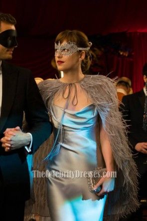 Anastasia Steele Masquerade, Silver Masquerade Dress, Anastasia Steele Dress, Darker Outfits, Anastasia Steele Outfits, Masquerade Party Outfit, Silver Satin Dress, Masquerade Ideas, Red Carpet Dresses Best