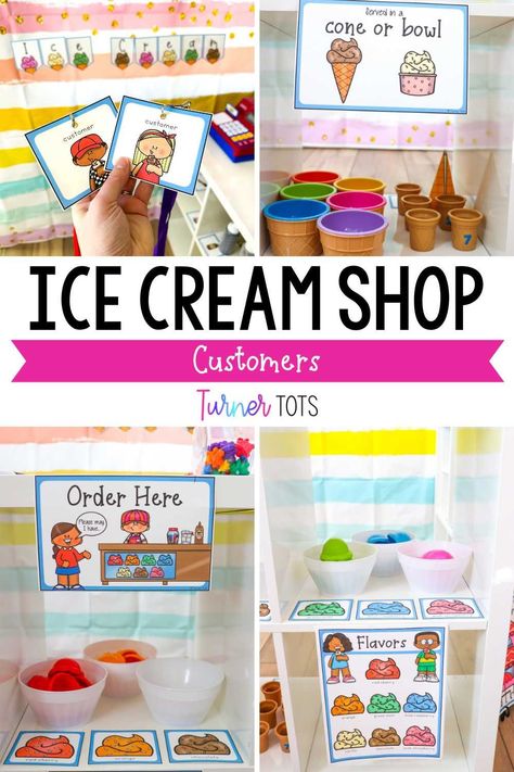 The dramatic play ice cream shop is open for customers. Step right up and place an order! The signs will guide the pretend play customers to choose a size, flavor, and a cup or cone for their yummy treat. It’s easy to pick your favorite treat when all of the options are clearly displayed. Click to get the printables for your ice cream shop dramatic play preschool theme today! Play Ice Cream Shop, Ice Cream Shop Dramatic Play, Dramatic Play Ideas, Rainbow Lessons, Play Ice Cream, Cake Batter Ice Cream, Play Preschool, Ice Cream For Breakfast, Dramatic Play Preschool