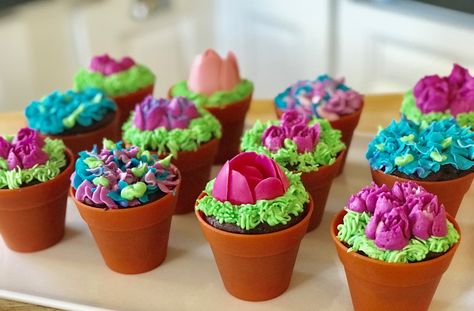 Flower Pot Cupcakes, Cupcake Flower Pots, Flower Pot Cake, Buttercream Icing Recipe, Pot Cake, Flower Cupcake, Mini Tortillas, Pink Chocolate, Cupcake Pan