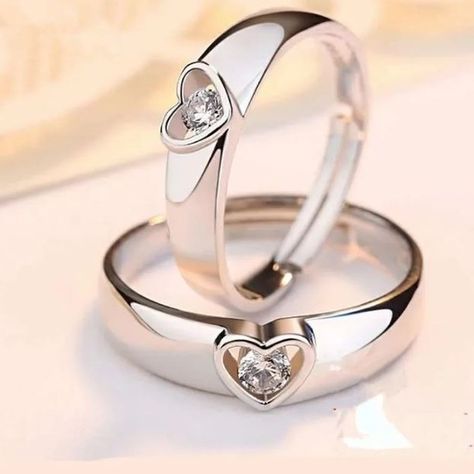 Sparkling Silver Plated Couples Matching Heart Adjustable Rings with Stone Set #rings #couple #silverjewelry Heart Shaped Wedding Ring, Men Romantic, Couple Rings Silver, Matching Wedding Ring Sets, Heart Couple, Silver Promise Rings, Matching Wedding Rings, Heart Band, Wedding Accessories Jewelry