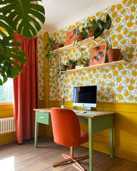 Spare Room Office, Dopamine Decor, Fun Wallpaper, Office Inspo, Wood Candle, Spare Room, Eclectic Home, Wallpaper Design, Home Office Design