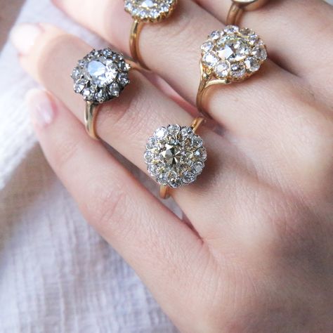 Fabulous Vintage Diamond Cluster Rings at Trumpet & Horn Diamond Cluster Rings, Cocktail Ring Designs, Gold Circle Ring, Vintage Cluster Ring, Flower Diamond Ring, Marquise Diamond Engagement Ring, Vintage Engagement Rings Unique, Diamond Cluster Engagement Ring, Diamond Wedding Rings Sets