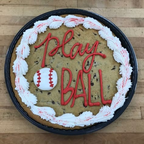 Summer Cookie Cake Designs, Baseball Cookie Cake, Cookie Cake Decorating Ideas, Baseball Cakes, Work Treats, Men Cakes, Message Cookies, Big Cookies, Buttercream Cookies