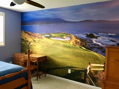 MYW customer Vicki K. decorated her golf-loving son's bedroom with a wall mural of Pebble Beach!  #wallmural #wallpapermural #wallpaper #boysroom #boysbedroom #boysbedroomideas #boysbedroomdecor #boysbedroomdesign #boysbedroomdecosports #golf #golfdecor #golfwallpaper #golfwallpaperdecor #pebblebeach #pebblebeachgolfcourse Farmhouse Color Scheme, Bedroom Ideas For Small Rooms Diy, Mens Bedroom Decor, Farmhouse Master, Golf Decor, Murals For Kids, Bedroom Murals, Farm House Colors, Boys Bedroom Decor