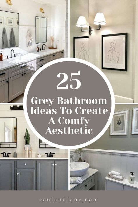 Opt for soft, light grey walls to create a serene backdrop, complemented by darker grey tiles for a touch of depth and sophistication. Incorporate textured accessories like plush towels and a chic shower curtain to add warmth. For a cohesive look, select brushed nickel or matte black fixtures that stand out against the grey palette. This approach ensures your bathroom is not just a functional space but a stylish sanctuary, perfect for unwinding after a long day, offering a blend of comfort and t Grey Bathroom With Blue Accents, Grey Bathroom Tiles Ideas, Modern Small Bathroom Design Ideas Grey, Bathroom Grey Tiles Black Accessories, Gray Guest Bathroom Ideas, Grey Bathroom With White Cabinets, Bathroom Decor With Grey Cabinets, Bathroom Gray And Black, Grey Bathroom Vanity Wall Color