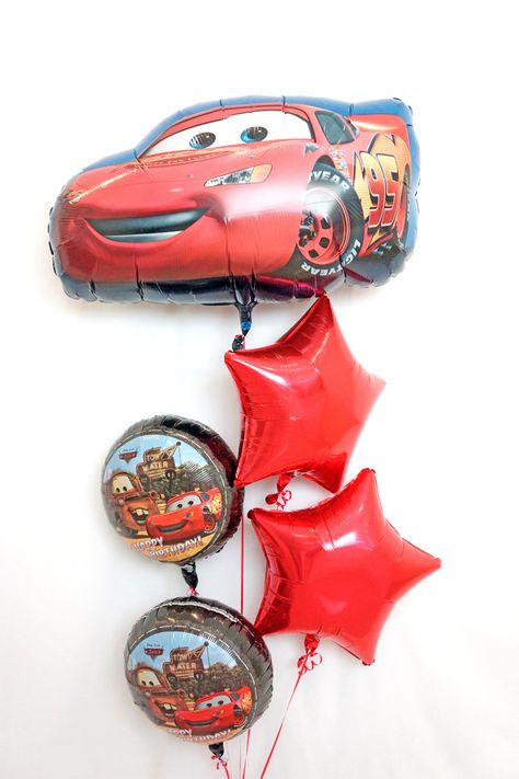 Mcqueen Balloon Decor, Cars Balloon Bouquet, Car Balloon, Mcqueen Birthday, Birthday Balloon Bouquet, Cars Mcqueen, Helium Balloons Birthday, Balloon Cars, Cars Birthday