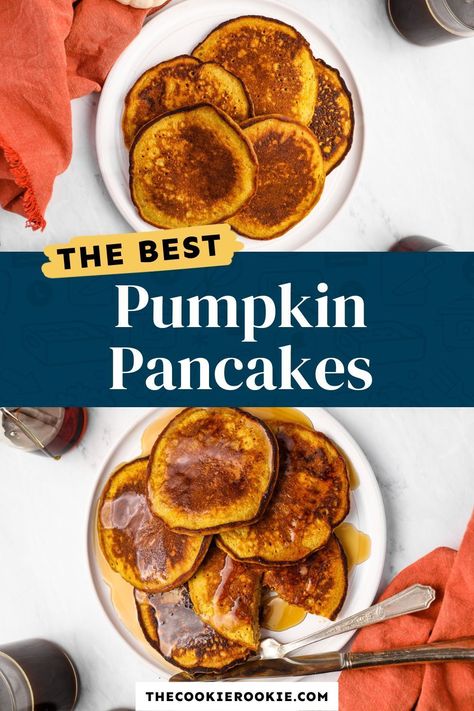 These easy to make Pumpkin Pancakes are my favorite way to start a fall morning! Soft and fluffy homemade pancakes are made with the perfect amount of pumpkin puree, and a medley of warm fall spices like cinnamon and nutmeg. They’re fall flavored, have the best consistency, and pair perfectly with a drizzle of sweet maple syrup! Pop over to my site for the recipe! | breakfast and brunch | pumpkin recipes | easy snacks | fall recipes | Pumpkin Pancakes Easy, Homemade Pancakes Fluffy, Pumpkin Pancake, Pumpkin Breakfast Recipes, Pumpkin Puree Recipes, Pumpkin Spice Pancakes, Freeze Pancakes, Pumpkin Pancake Recipe, Frozen Pumpkin