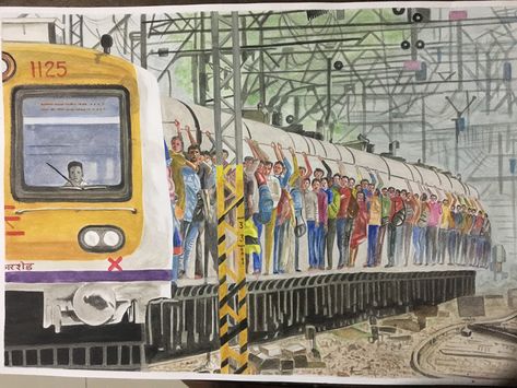 Mumbai Train Illustration, Local Train Illustration, Mumbai Local Illustration, Mumbai Local Train Illustration, Local Train Mumbai Photography, Mumbai City Illustration, Mumbai Painting, Mumbai Train, Desi Illustration