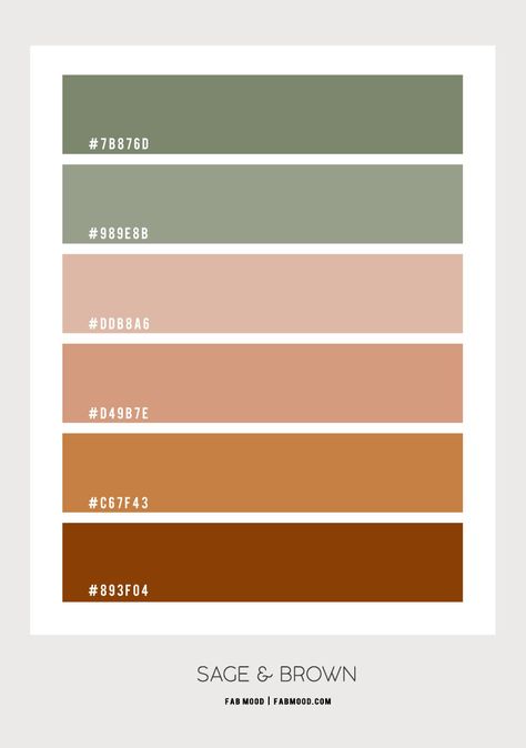 Brown and Sage Colour Palette | sage and brown color scheme Sage Color Palette, Boho Color Palette, Hex Color Palette, Brown Color Schemes, Orange Color Palettes, Boho Color, Color Schemes Colour Palettes, Green Colour Palette, Brand Color Palette