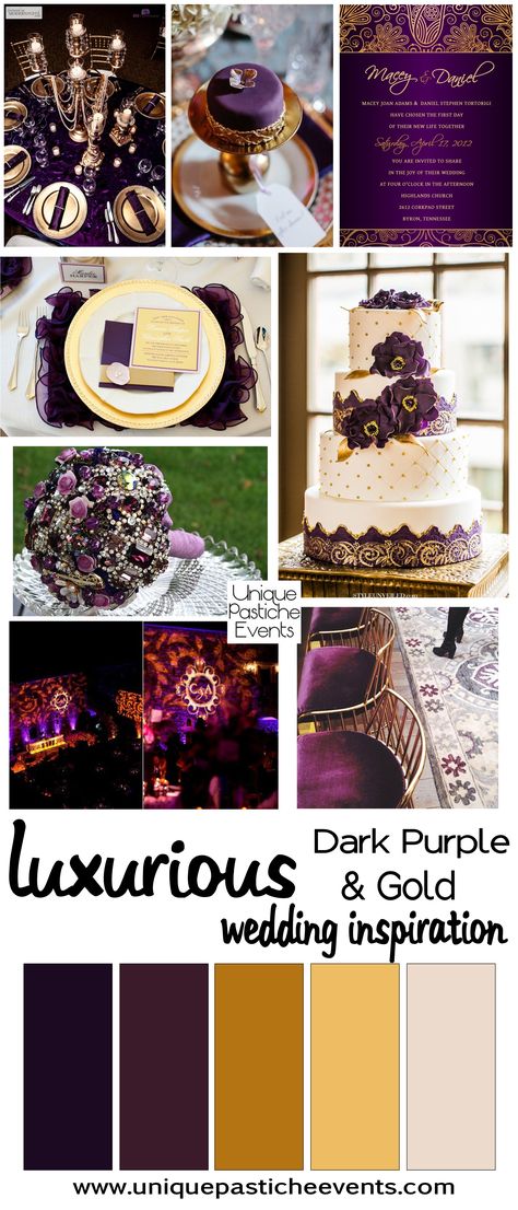 Dark Purple and Gold Luxurious Wedding Ideas Inspiration by Unique Pastiche Events Purple Wedding Centerpieces, Purple And Gold Wedding, Wedding Color Scheme, Plum Wedding, Gold Wedding Inspiration, Wedding Colors Purple, Luxurious Wedding, Wedding Palette, Purple Themes