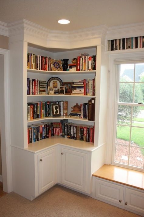 Can something like this cover the water? Less fancy.. Corner Book Shelf Ideas Living Room, Built In Corner Shelves Dining Room, Corner Shelves Bookshelves, Small Corner Built In Shelves, Corner Bookshelves Diy, Bookshelf Nook, Corner Built In, Coastal Kitchens, Bench Seating Kitchen